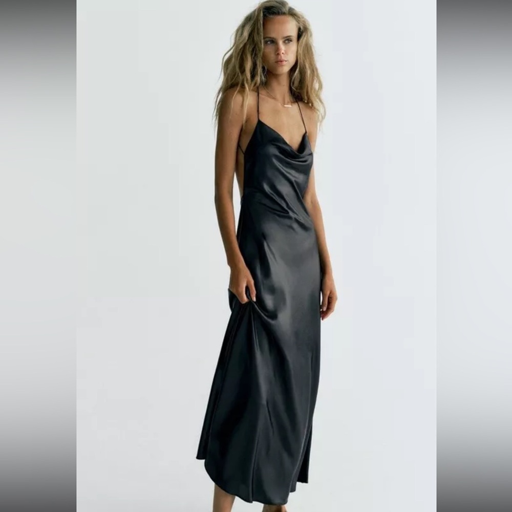 ZARA BLACK FOIL SLIP BACKLESS DRAPED NECKLACE METALLIC EFFECT DRESS Size S NWT